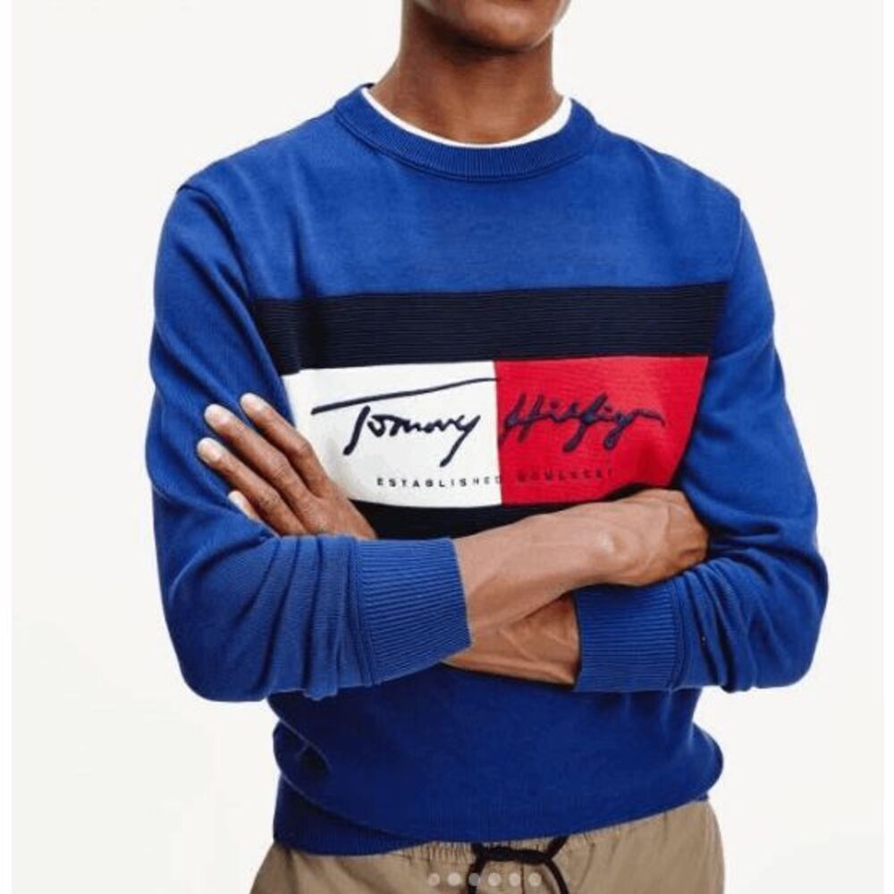Tommy Hilfiger‎ Autograph Flag Crew Neck Sweater Logo Patriotic Blue Red Large
